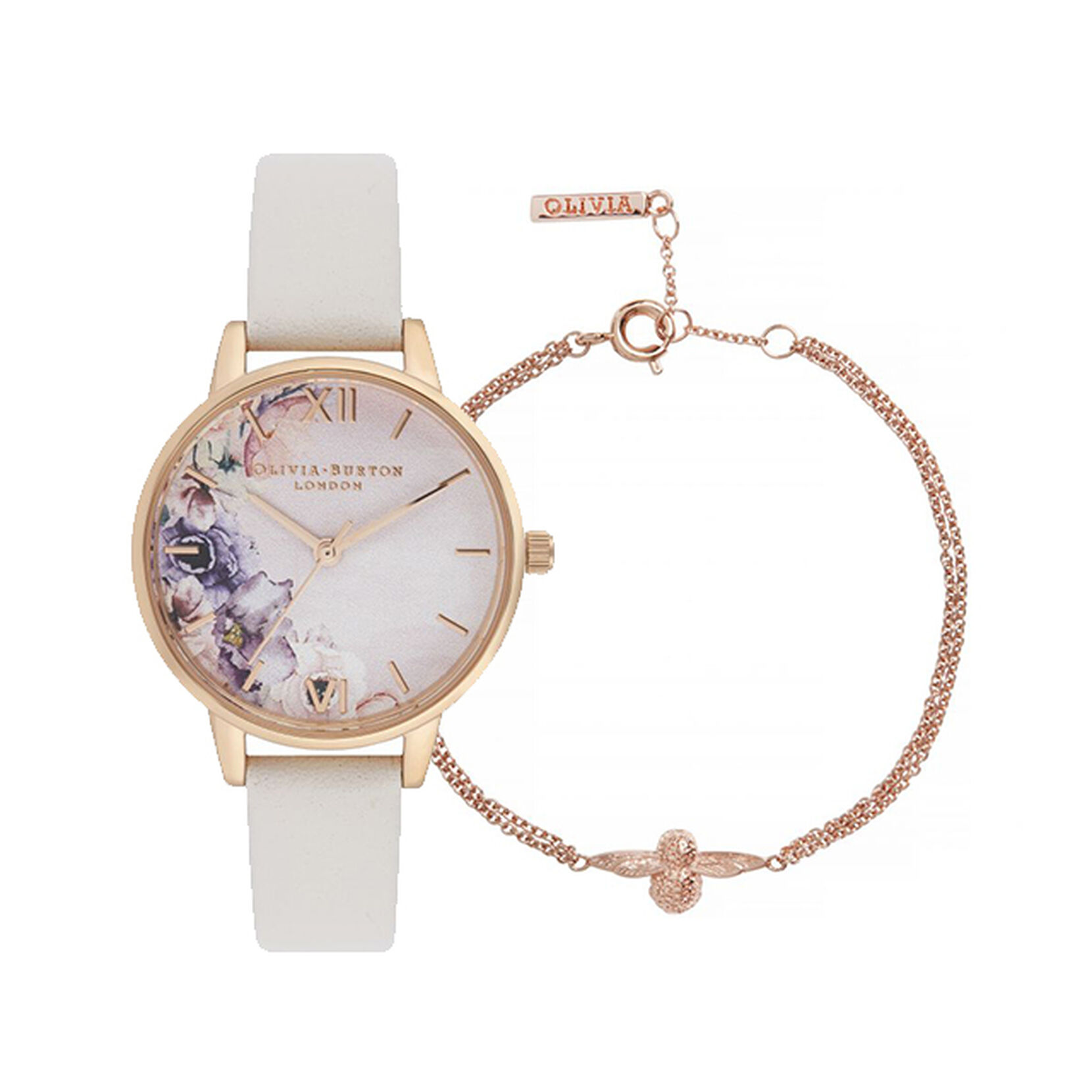 Watercolour Florals Midi Dial Watch and 3D Bee Rose Gold Bracelet Gift Set