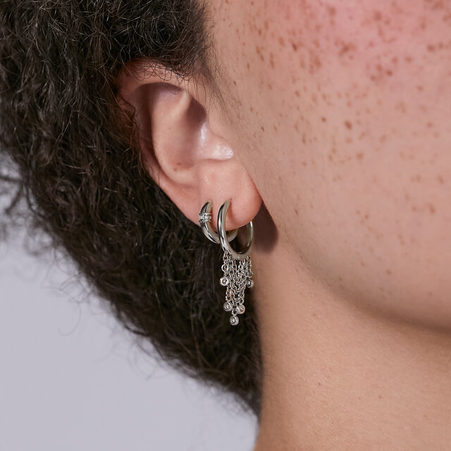 Crystal Chain Silver Tone Huggie Hoop Earrings