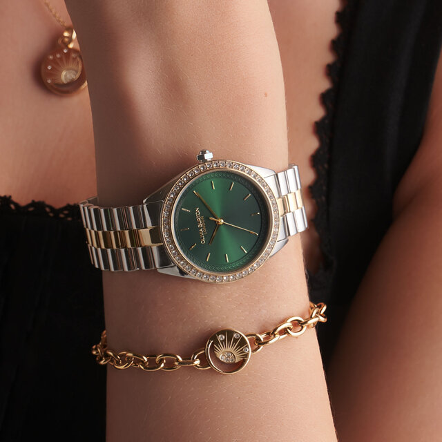 Montre Bejewelled Vert Sapin & Bracelet Bicolore 34 mm
