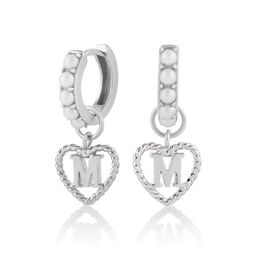 'M' Faux Pearl Heart Initial Huggie Hoop Silver
