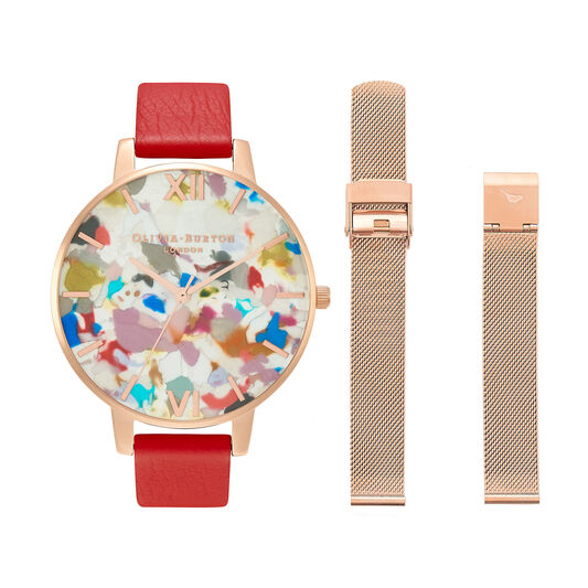 Pop Art Big Dial, Red Eco Vegan & Rose Gold Mesh Watch Strap Gift Set