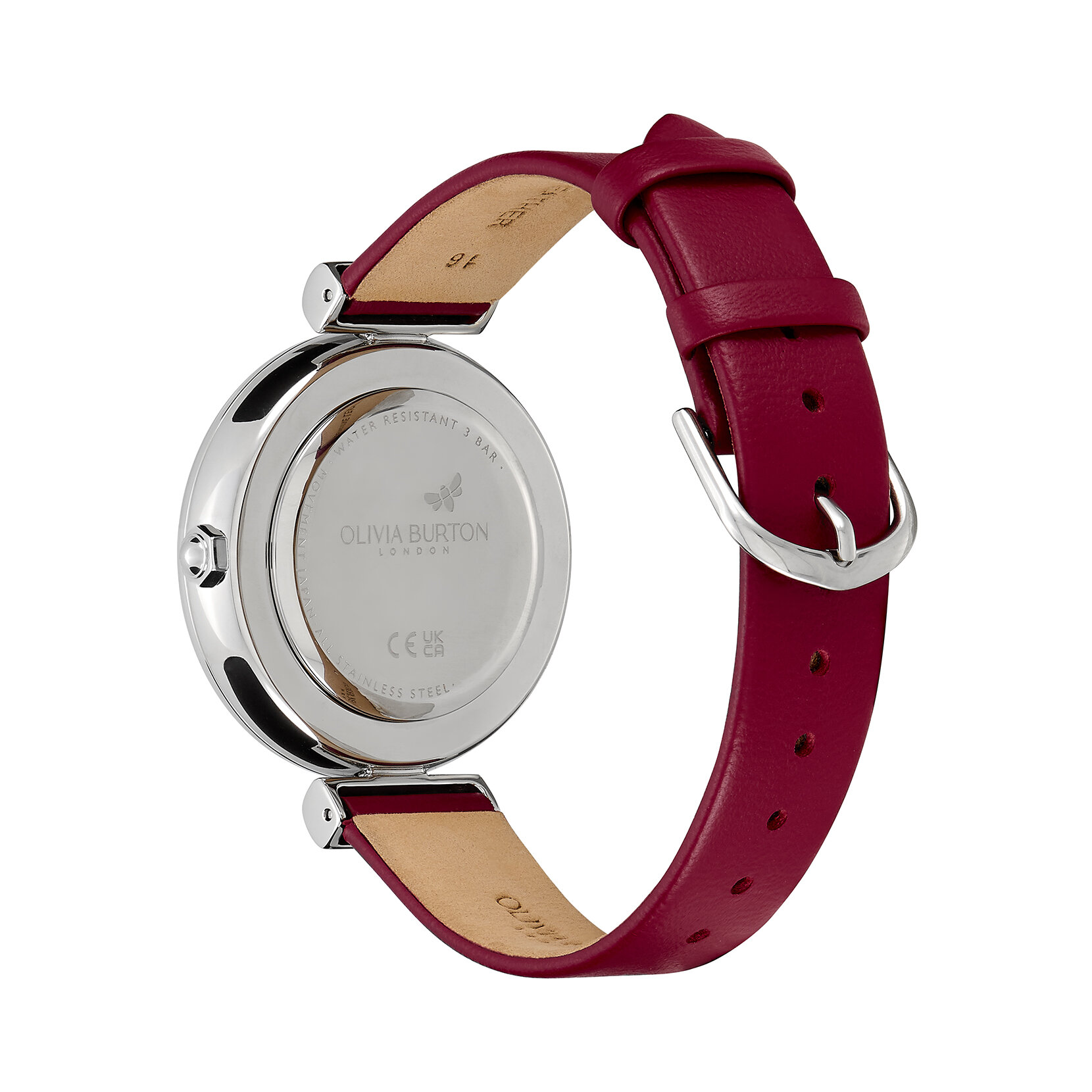 36mm Minima Bee T-Bar Silver & Cranberry Leather Strap Watch