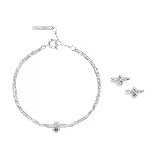 Bejewelled Bee Bracelet and Earrings Gift Set Sterling Silver & Amethyst