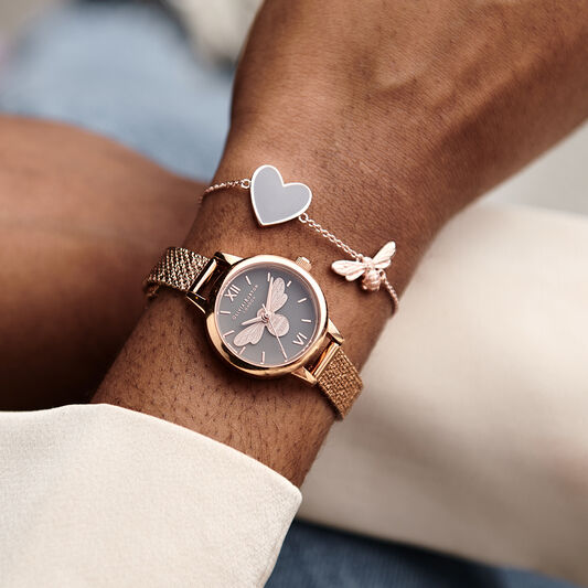 Lucky Bee 23mm gray & Rose Gold Mesh Watch & Bracelet Gift Set
