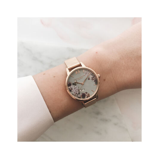 Blooms & Butterflies Grey Dial And Rose Gold Mesh