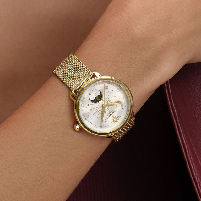 34mm Moon Phase White & Gold Mesh Watch