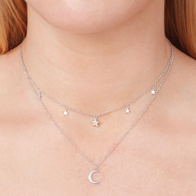 Silver Moon & Star Double Chain Necklace