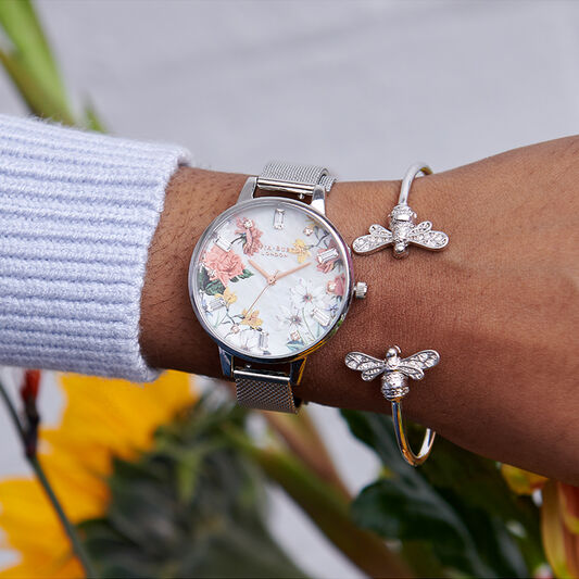 Sparkle Florals 34mm White & Silver Mesh Watch