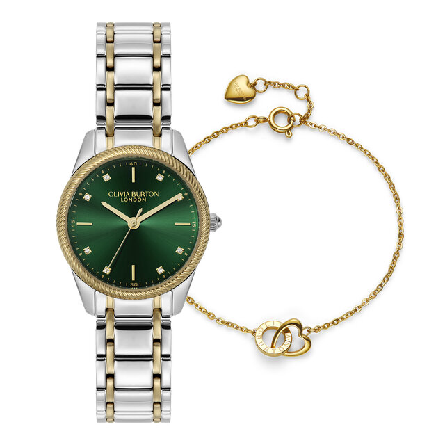 28mm Egerton Forest Green & Two Tone Bracelet Watch & Kindred Interlink Bracelet Gift Set