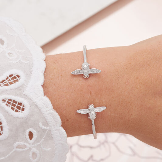 3D Bee Open End Bangle Silver