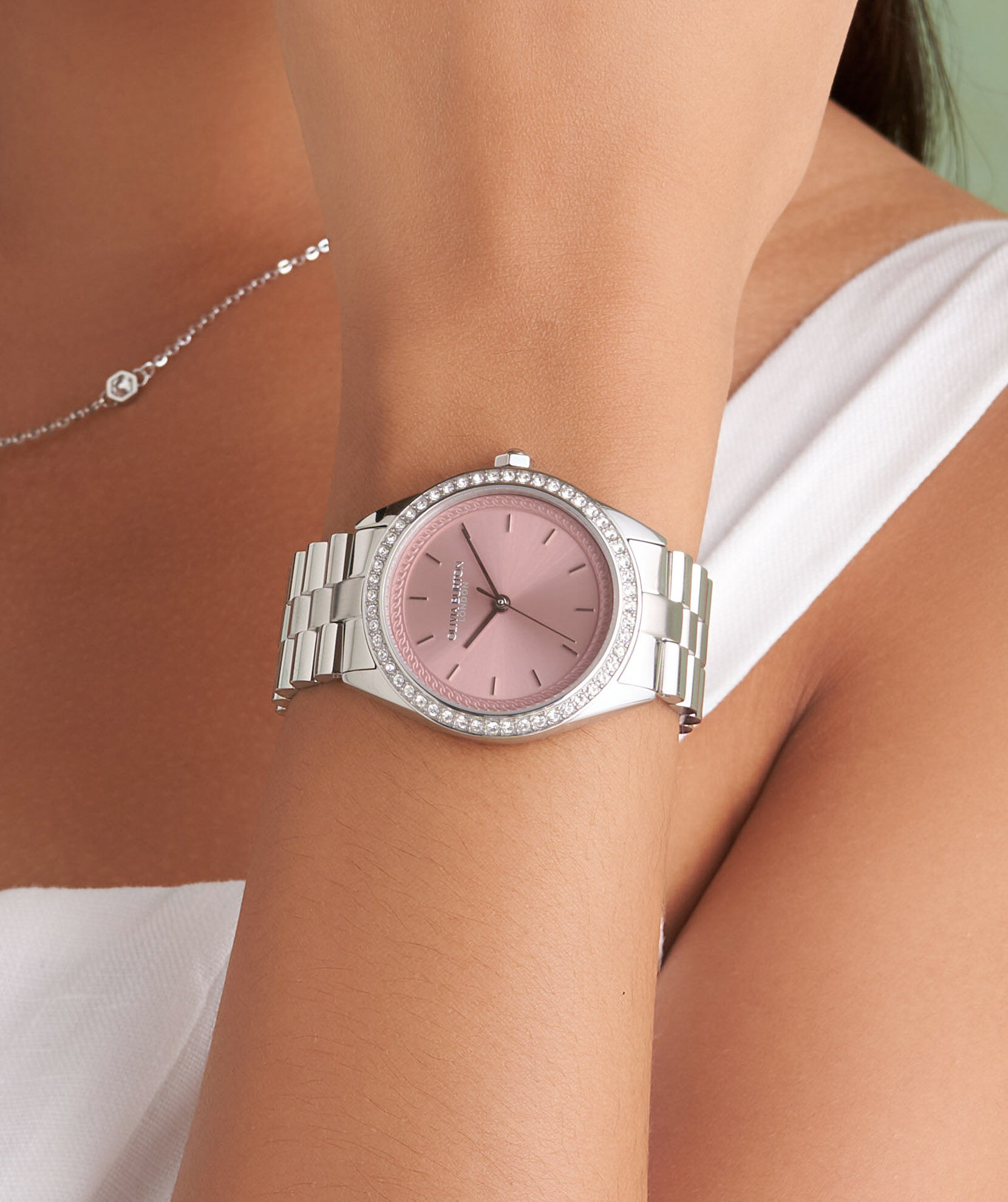 Sports Luxe 34mm Bejewelled Mellow Rose & Silver Bracelet Watch 
