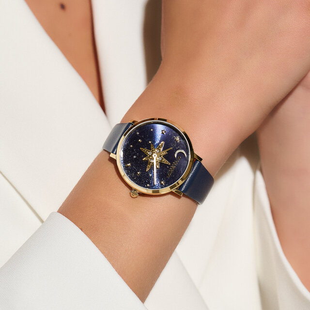 35mm Nova Slim Gold & Sapphire Blue Leather Strap Watch