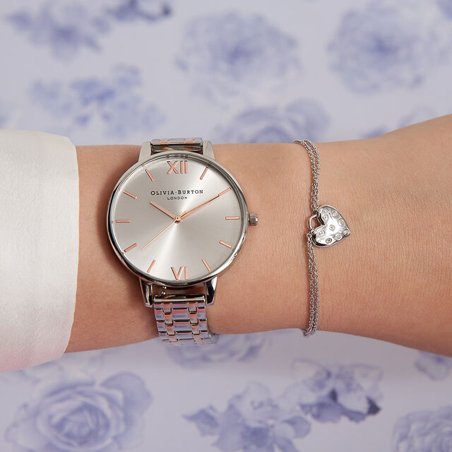Big Dial Thin Case Silver & Pale Rose Gold Bracelet Watch