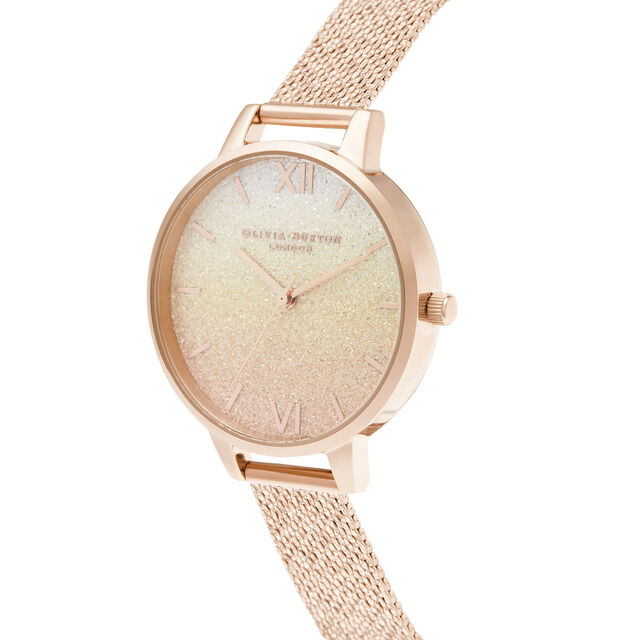Sunset Ombre Glitter Demi Dial Rose Gold Boucle Mesh Watch