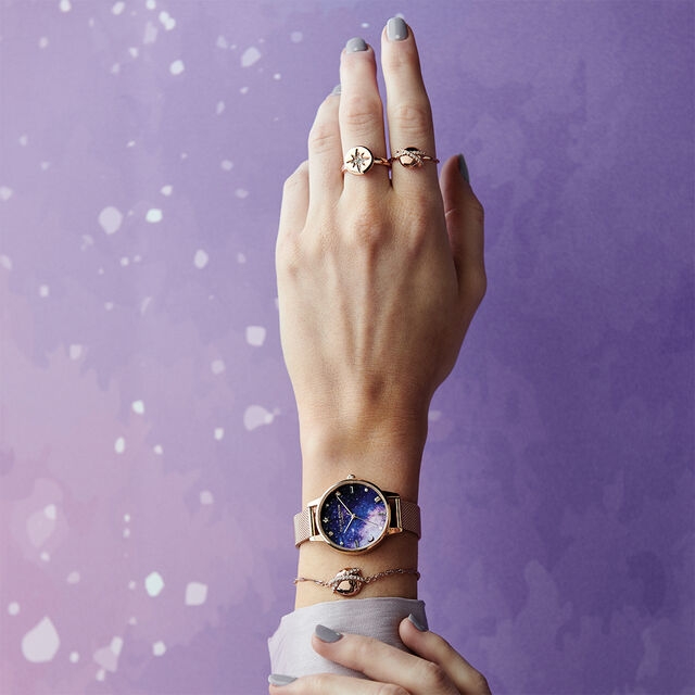 Celestial Galaxy Midi Dial Rose Gold Mesh Watch