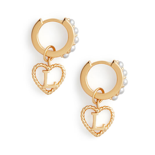 'L' Faux Pearl Heart Initial Huggie Hoop Gold