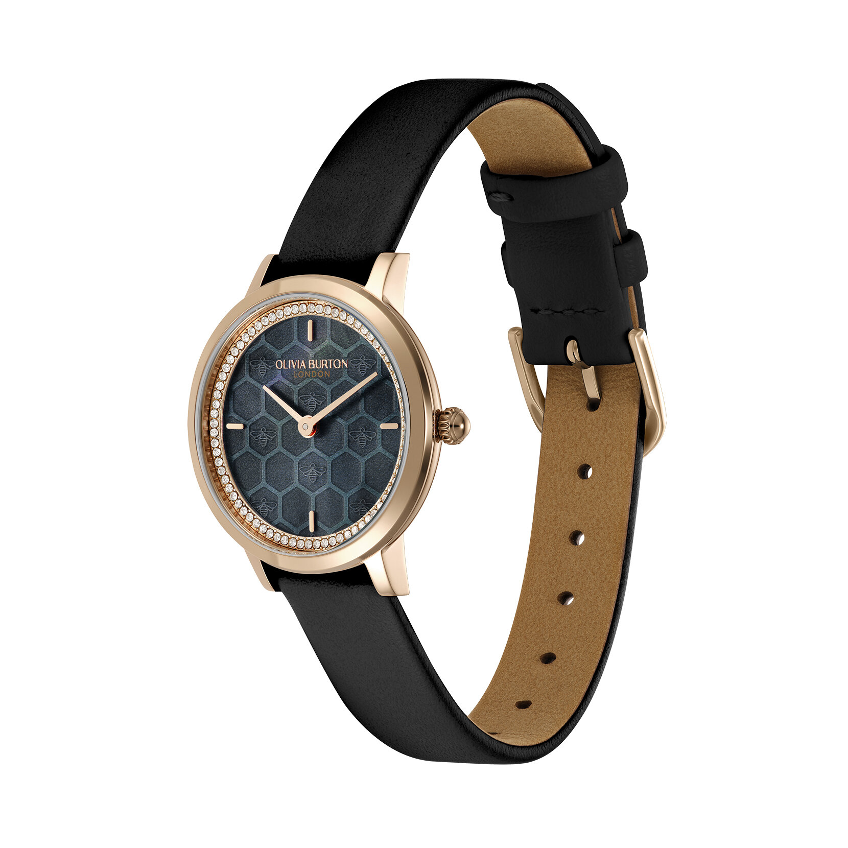 28mm Honeycomb Ultra Slim Rose Gold & Black Leather Strap Watch