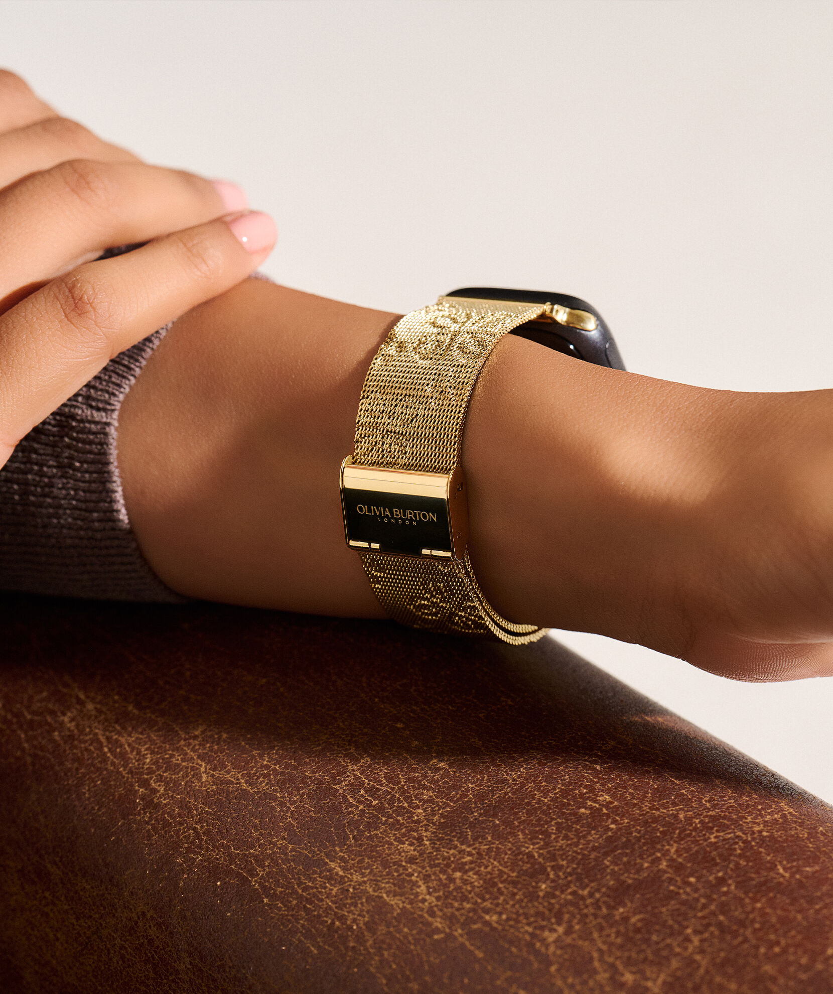 Strap for Apple Watches Gold with Floral Debossed Detail Mesh Strap Olivia Burton London