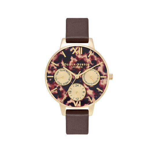 34mm Gold & Brown Leather Strap Watch
