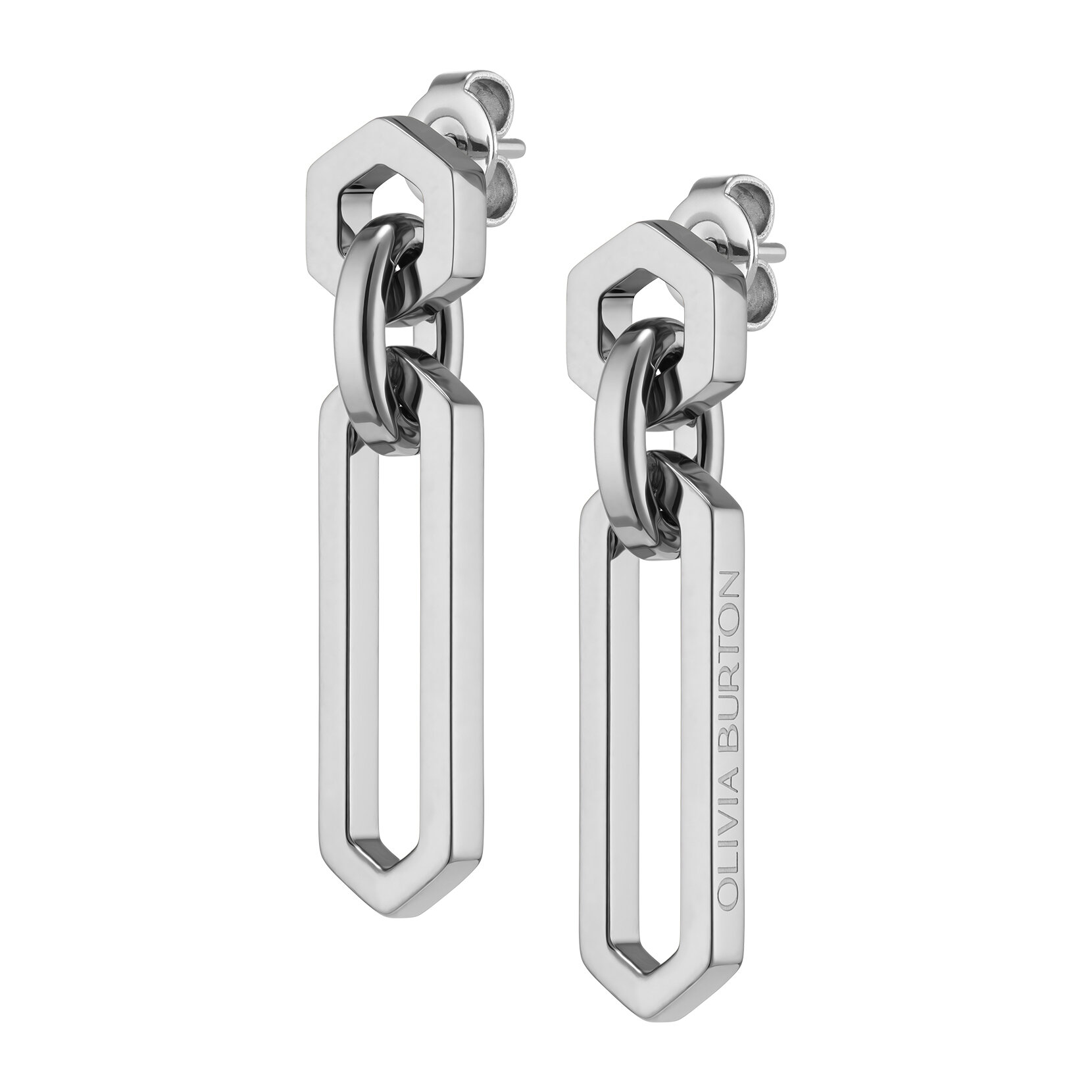 Hex Link Silver Tone Drop Earrings