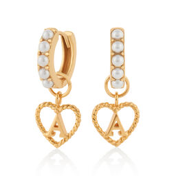 'A' Faux Pearl Heart Initial Huggie Hoop Gold