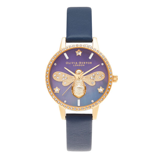 Sparkle Bee 30mm Gold & Blue Leather Strap Watch
