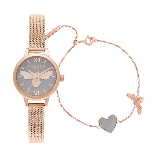 Lucky Bee 23mm gray & Rose Gold Mesh Watch & Bracelet Gift Set