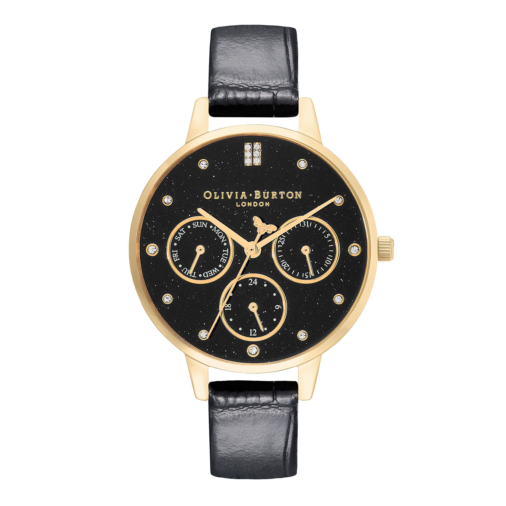 34mm Gold & Black Leather Strap Watch