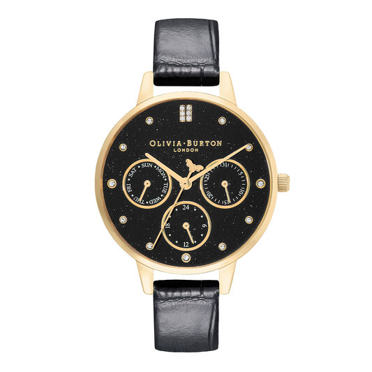 Multifunction 34mm Gold & Black Leather Strap Watch
