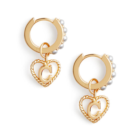 'C' Faux Pearl Heart Initial Huggie Hoop Gold