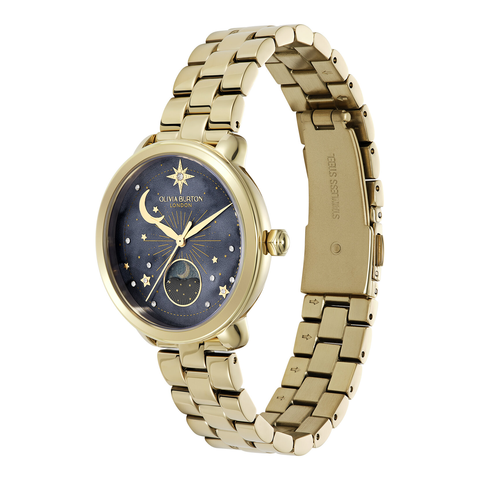 34mm Moon Phase Black & Gold Bracelet Watch