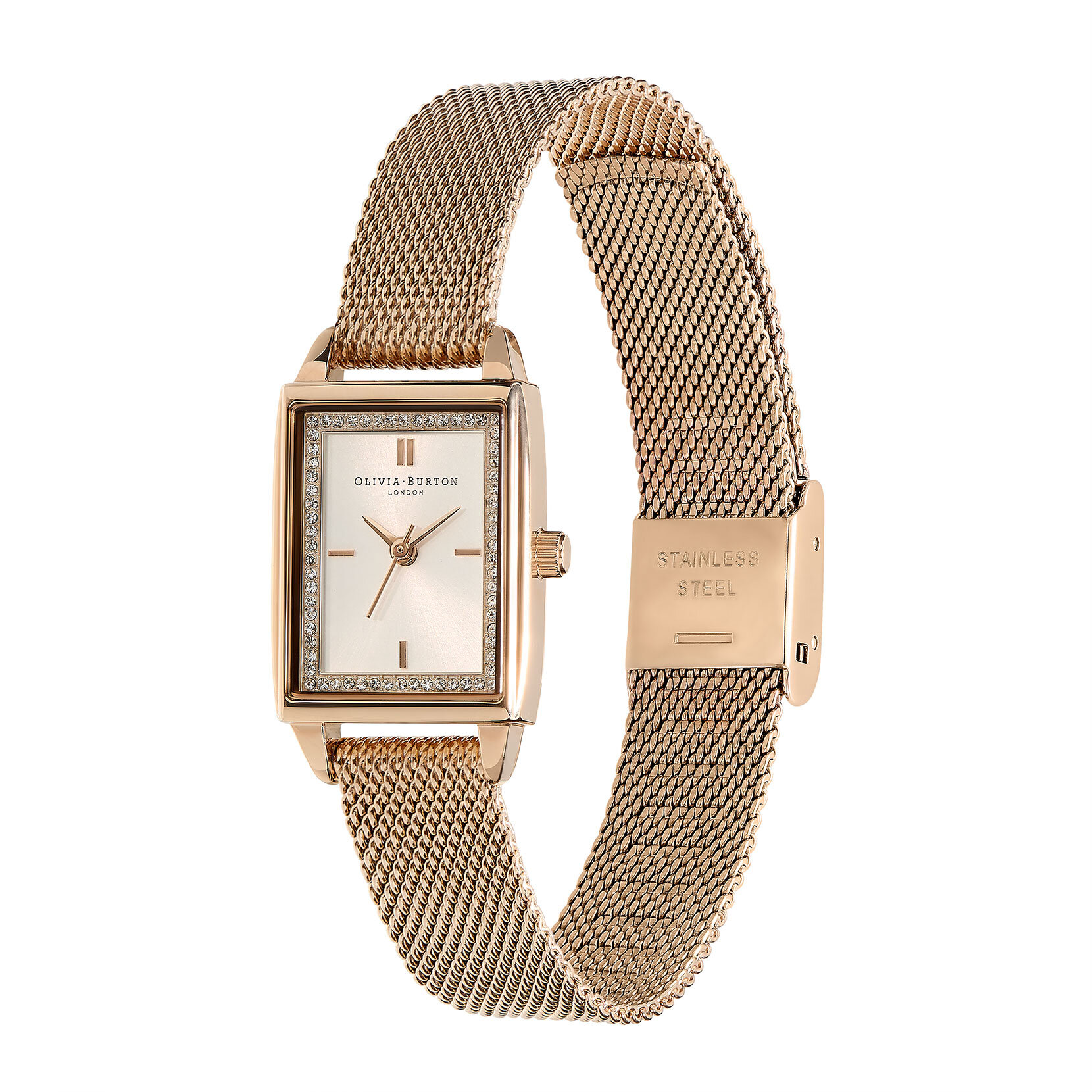 21mm Rectangle White & Carnation Gold Mesh Watch