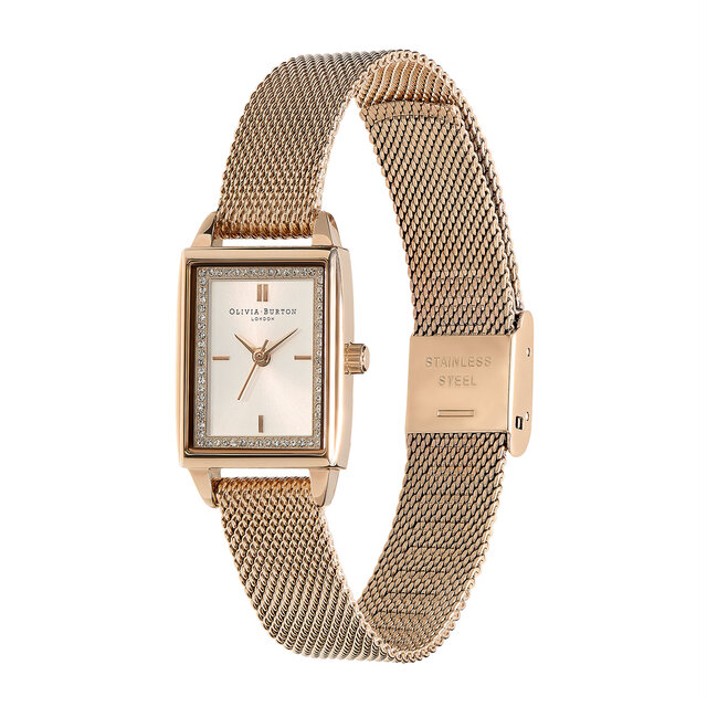 21mm Rectangle White & Carnation Gold Mesh Watch