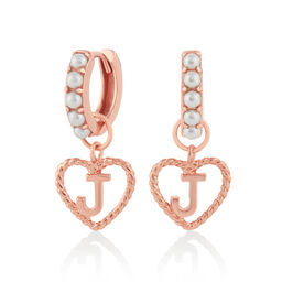 'J' Faux Pearl Heart Initial Huggie Hoop Rose Gold