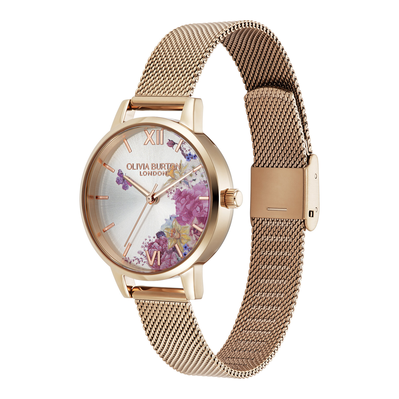30mm Illustrated Florals Rose Gold Mesh Watch