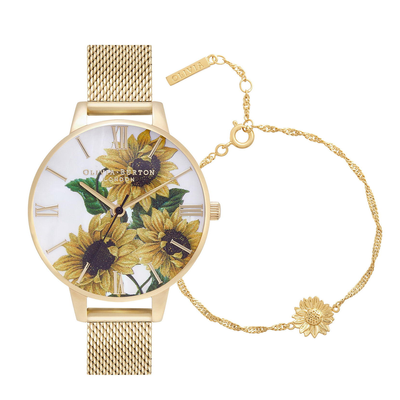 34mm White & Gold Mesh Watch & Sunflower Bracelet Gift Set