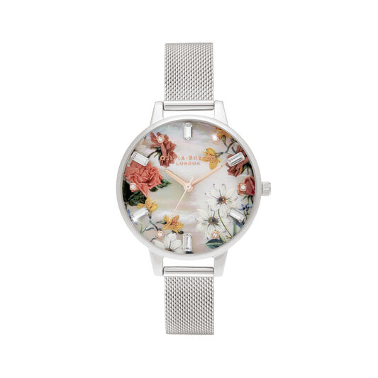 Sparkle Florals 34mm White & Silver Mesh Watch