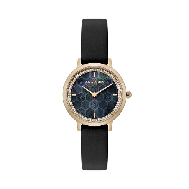 28mm Honeycomb Ultra Slim Rose Gold & Black Leather Strap Watch