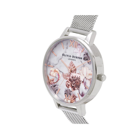 Marble Floral Rose Gold & Silver Mesh Watch