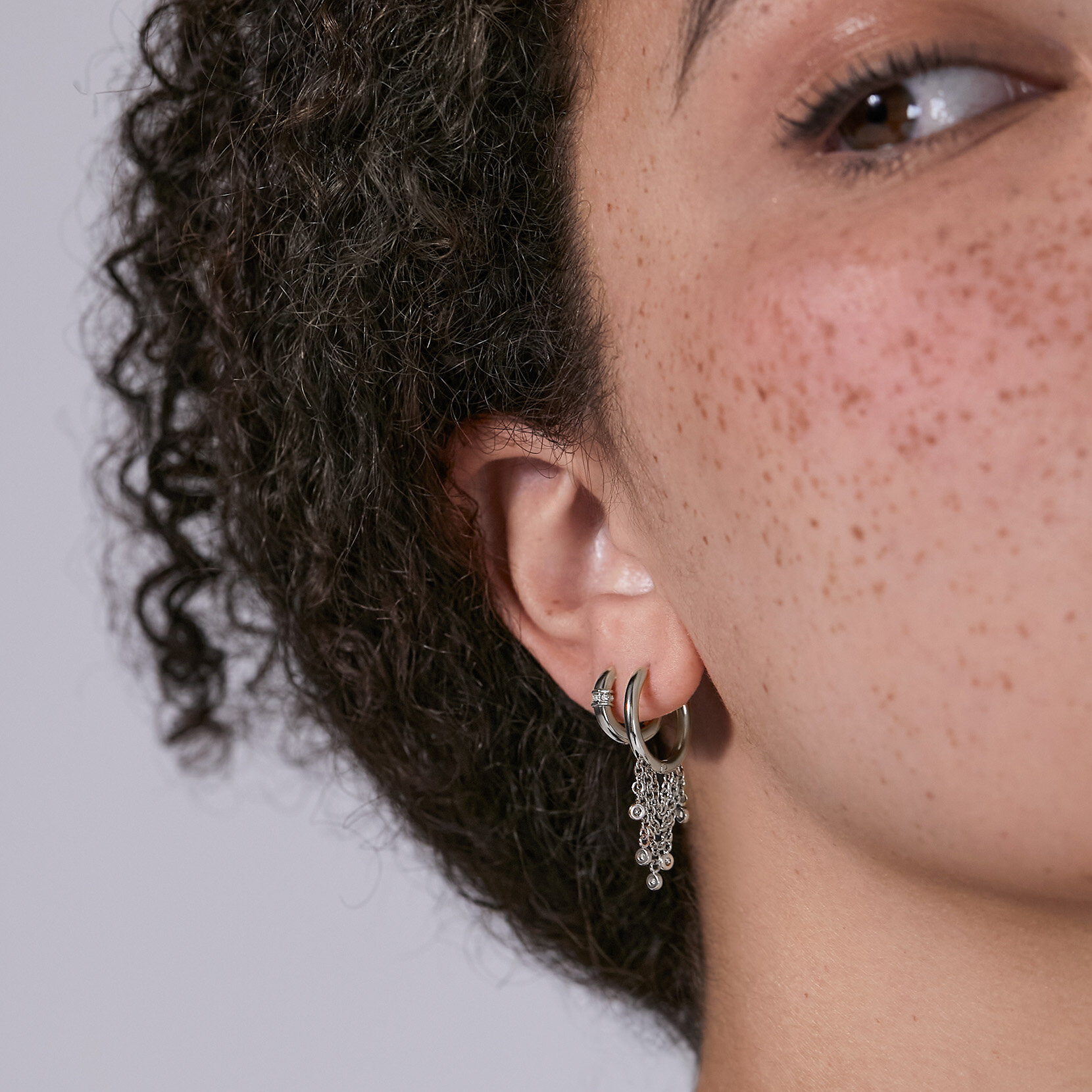Linear Crystal Silver Tone Huggie Hoop Earrings
