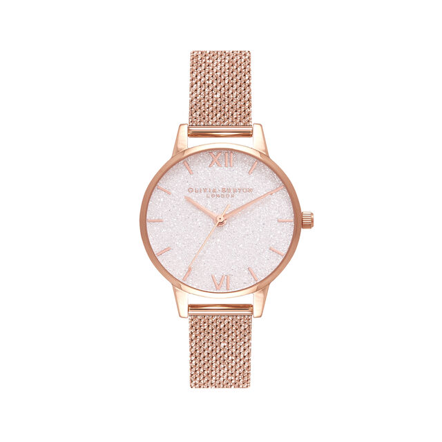 Midi White Glitter Dial Rose Gold Mesh Watch