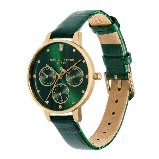34mm Gold & Forest Green Leather Strap Watch