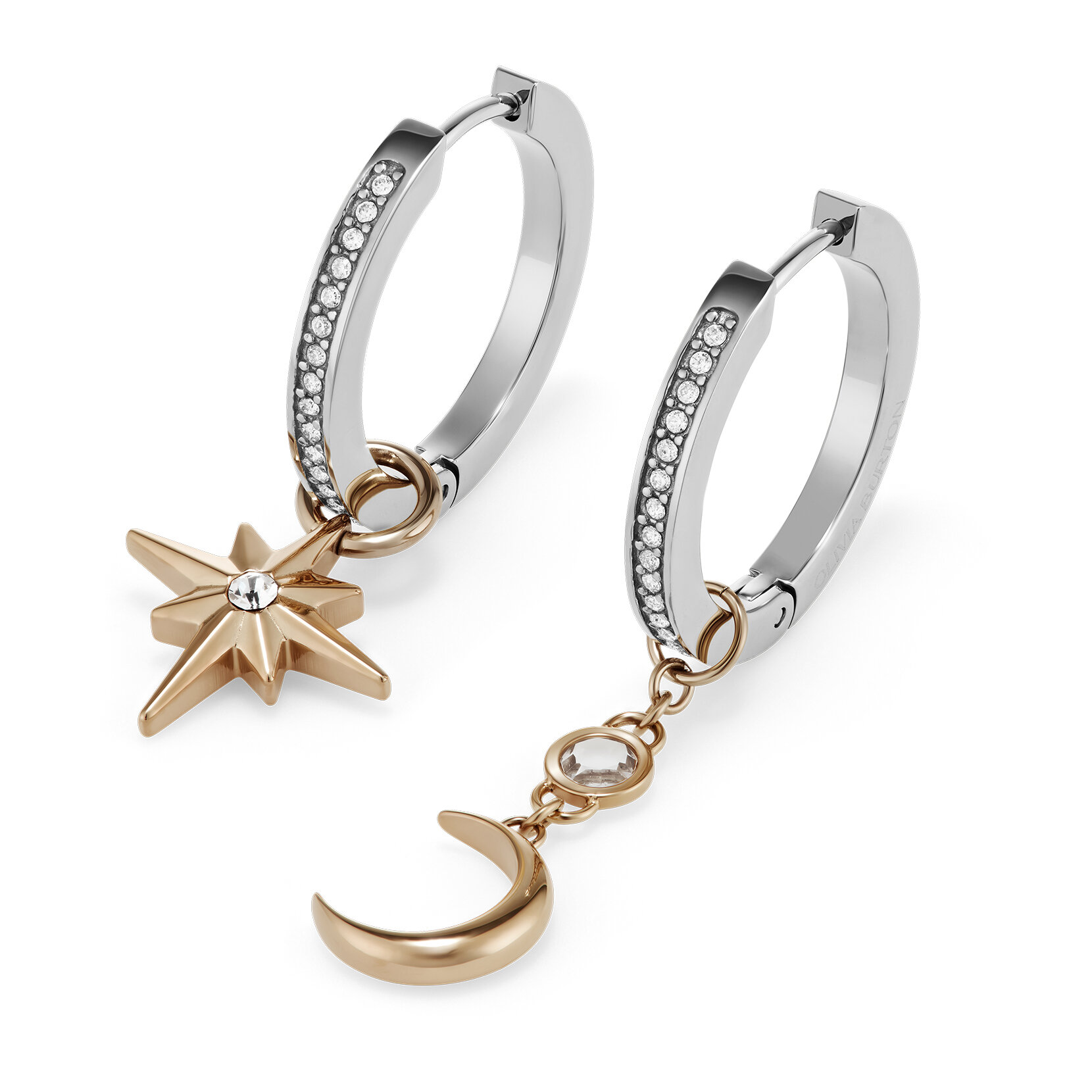 Celestial Star and Moon Silver Tone Huggie Earrings