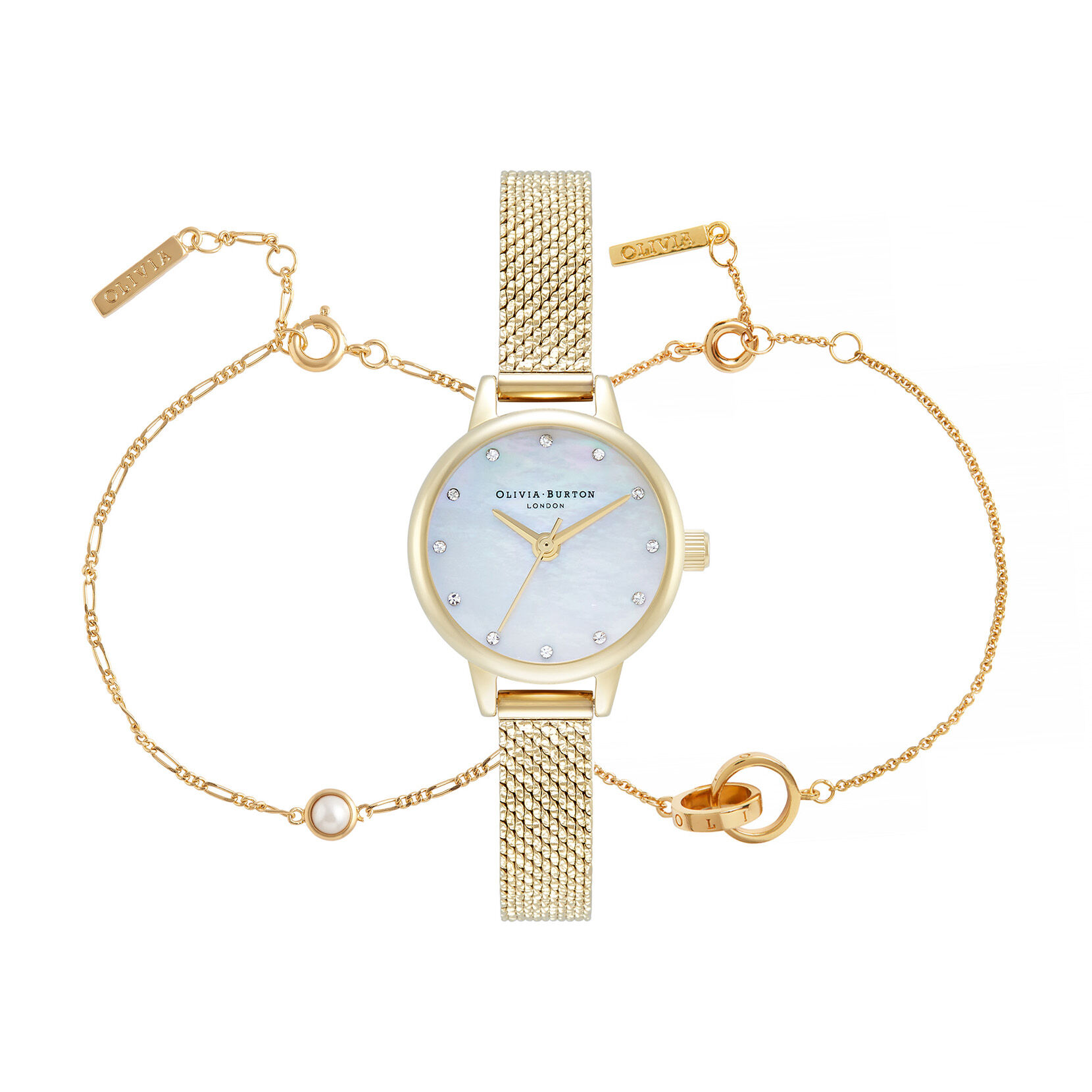 23mm White & Gold Mesh Watch & Interlink & Pearl Bracelet Gift Set
