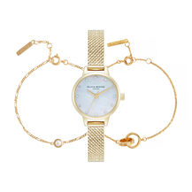 Classics 23mm White & Gold Mesh Watch & Interlink & Pearl Bracelet Gift Set