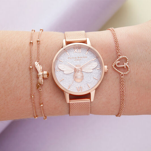 Glitter Dial Lucky Bee & Rose Gold Mesh