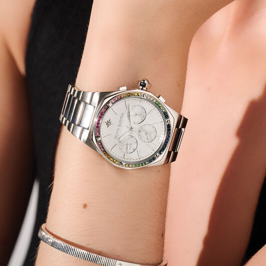 Sports Luxe 38mm Hexa Multi-Function Rainbow & Silver Bracelet Watch |  Olivia Burton London