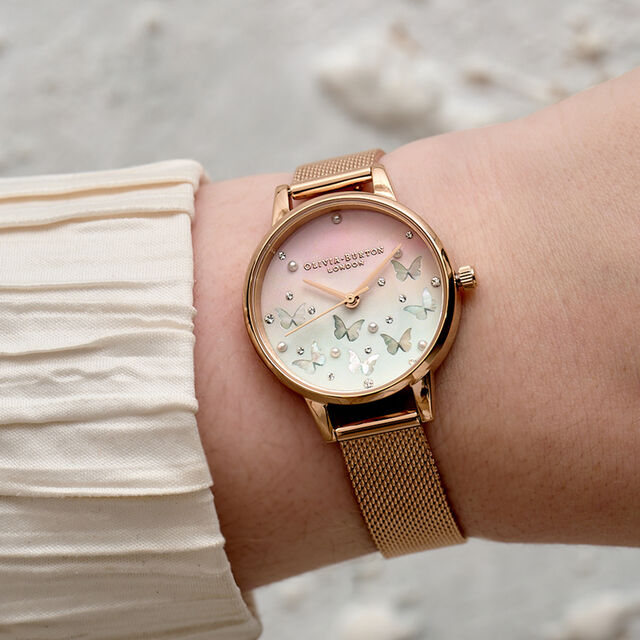 Sparkle Butterfly, Midi Blush Dial with Blue Mother of Pearl, Rose Gold Mesh Watch