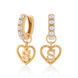 'S' Faux Pearl Heart Initial Huggie Hoop Gold