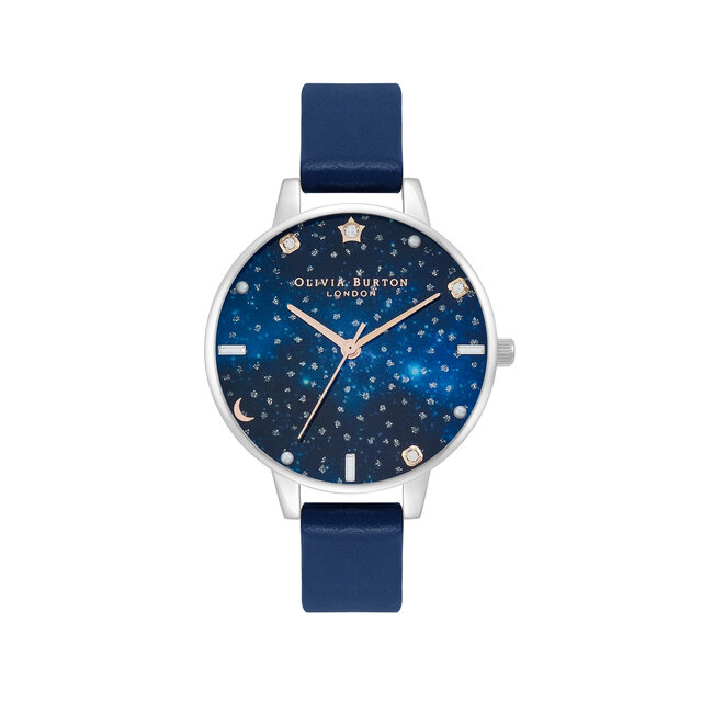 34mm Silver & Blue Leather Strap Watch